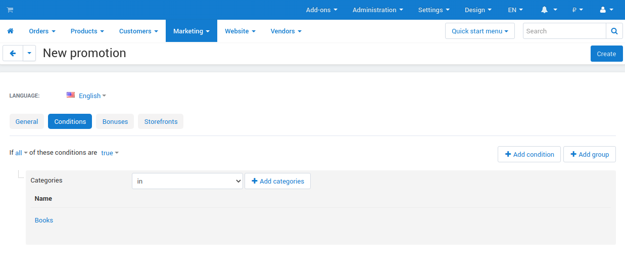 The Conditions tab determines when the promotion applies.