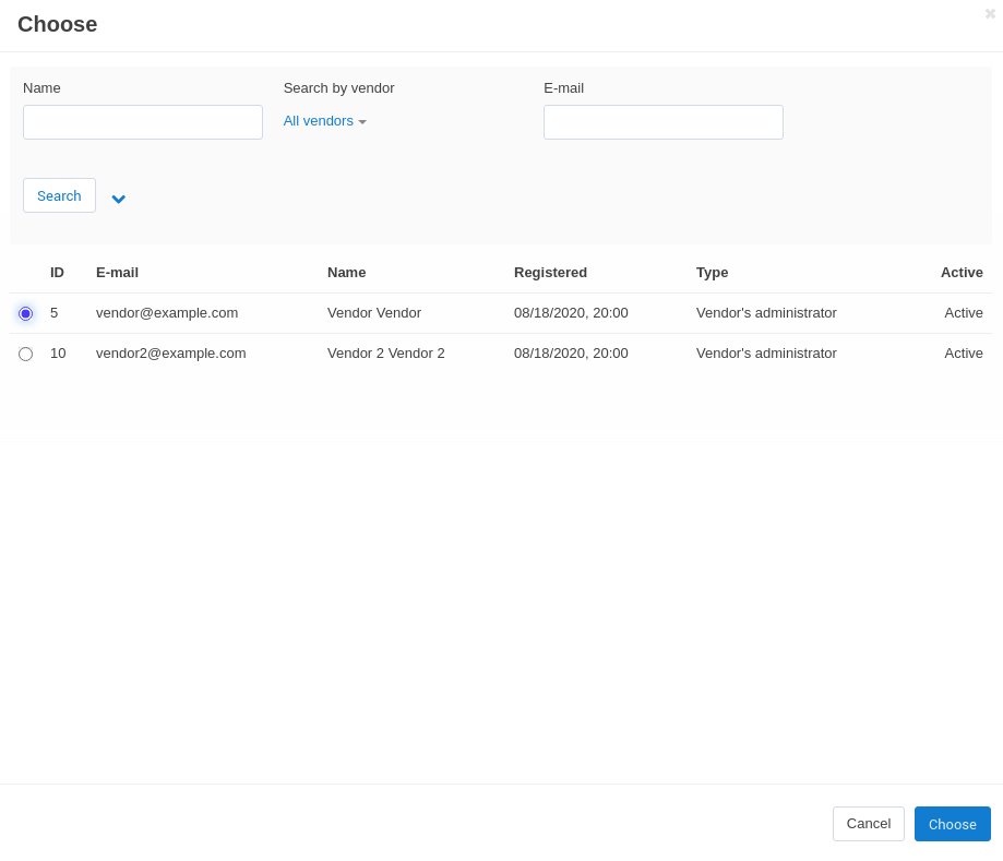 Use the radio buttons to select the administrator you want to assign to the order, then click the Choose button.
