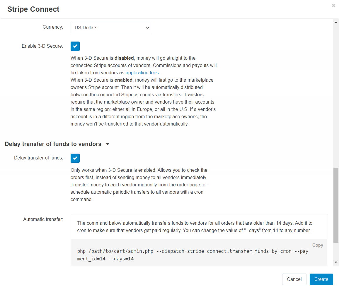 The Configure tab of the Stripe Connect payment method.
