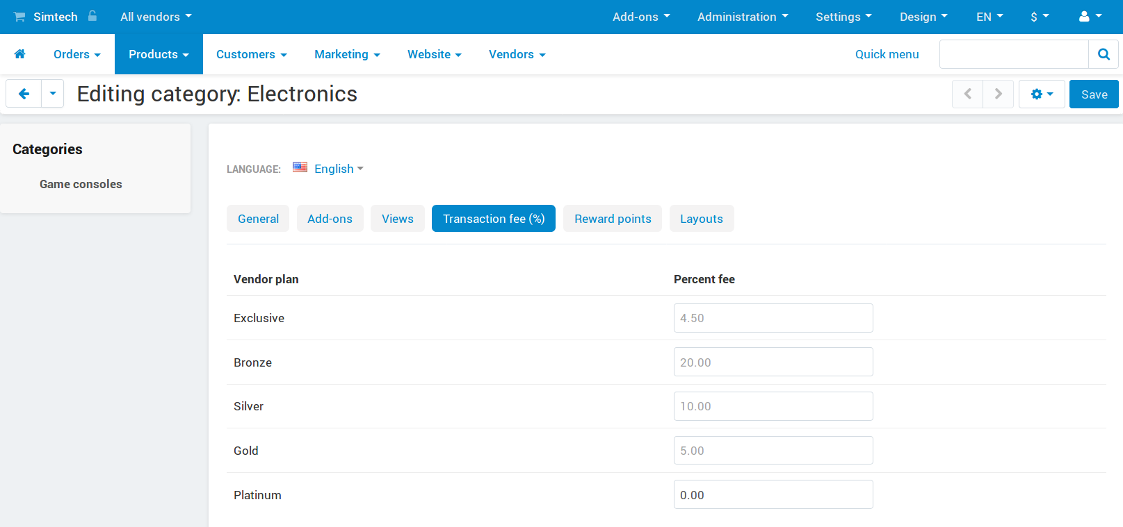 Each plan can have different commissions for different categories.