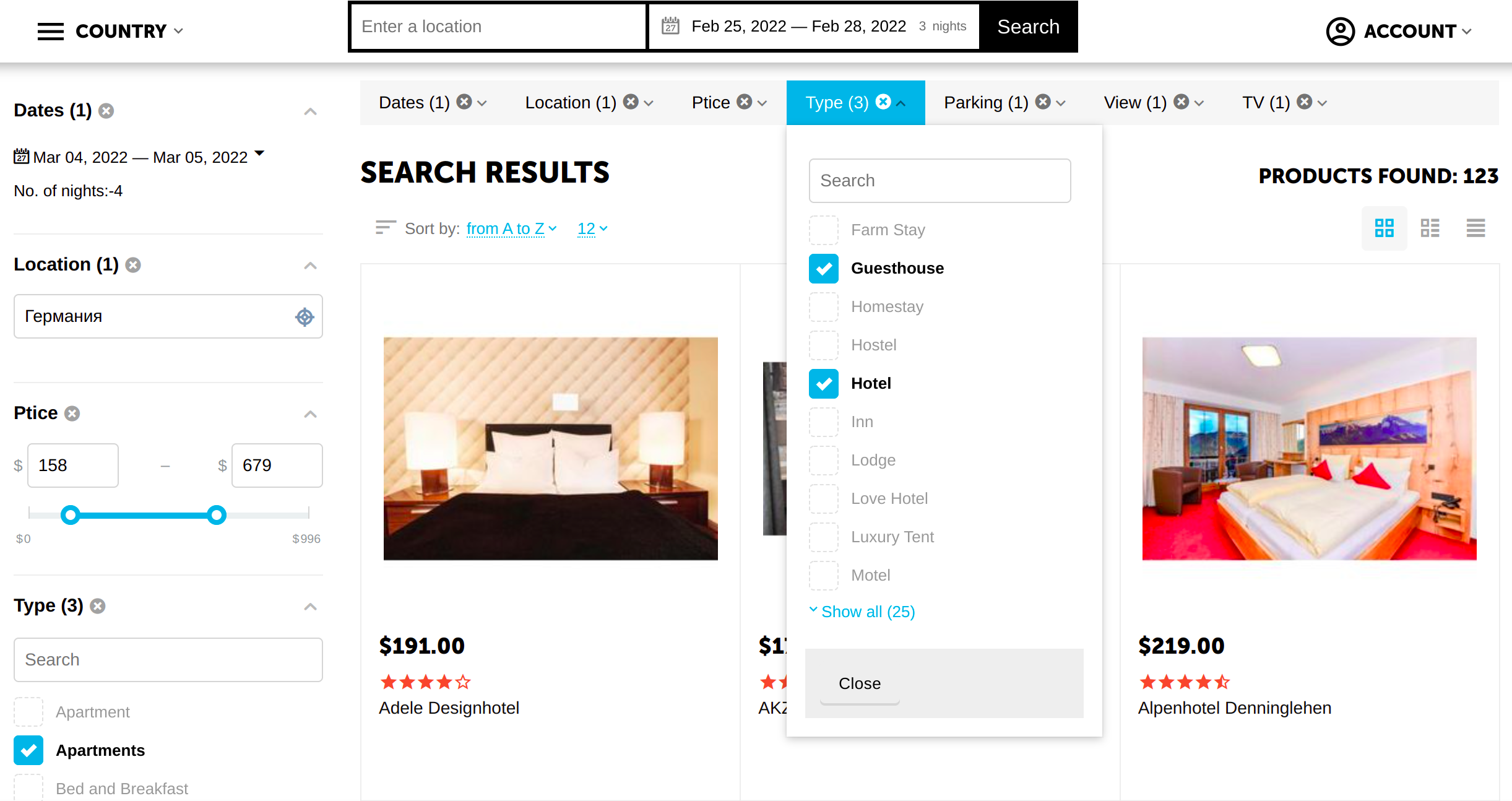 The customer is searching for suitable housing using filters.
