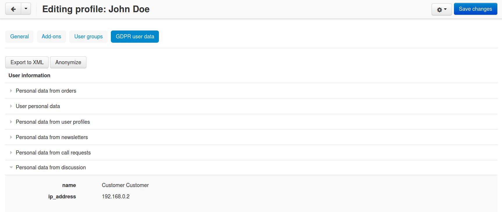 The personal data of a customer in the admin panel.
