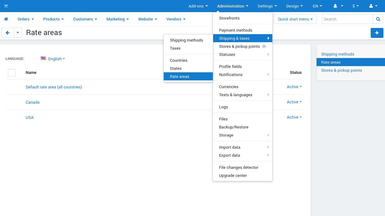 Rate areas serve for calculation of taxes and shipping rates in CS-Cart and Multi-Vendor.