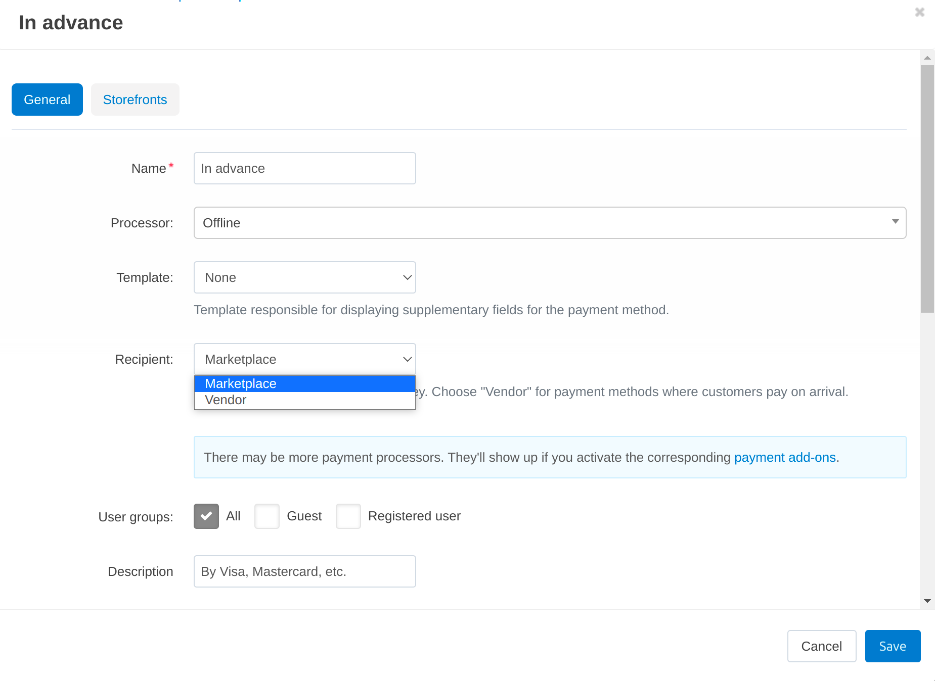 Creating "In advance" payment method.
