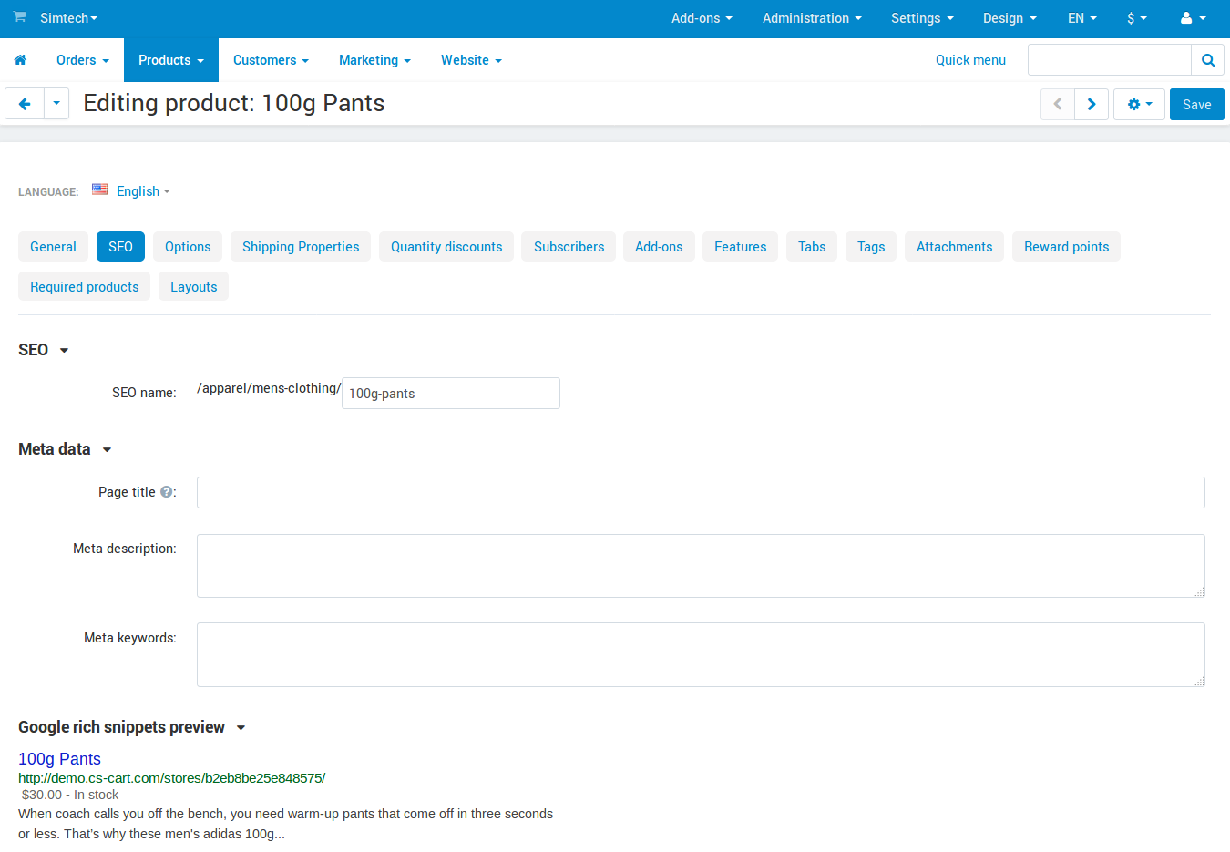 The "SEO" tab of a product in CS-Cart.
