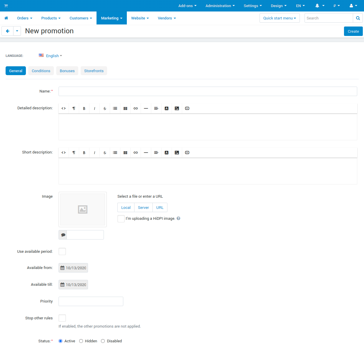 The General tab of the promotion creation form in CS-Cart.