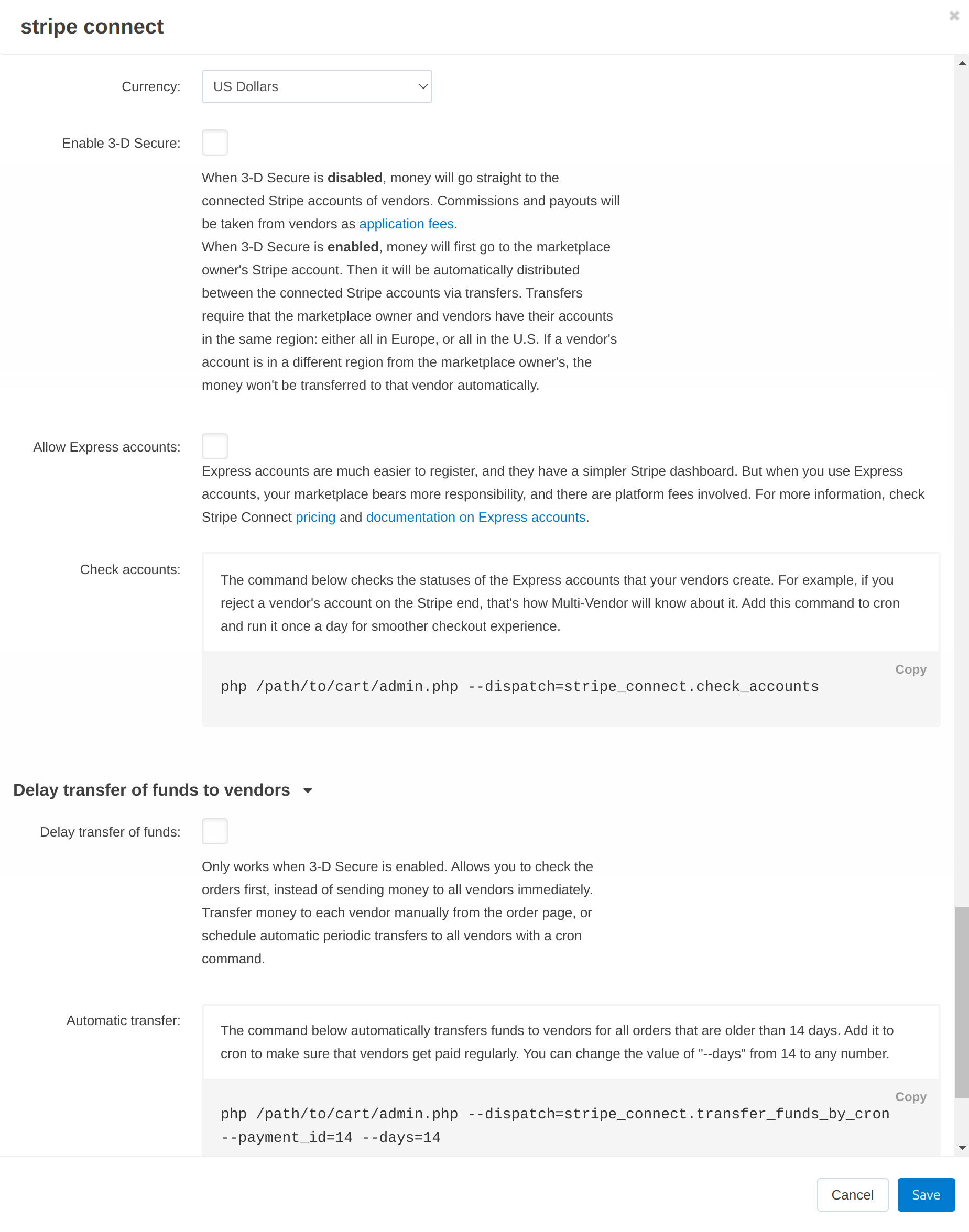 The Configure tab of the Stripe Connect payment method.