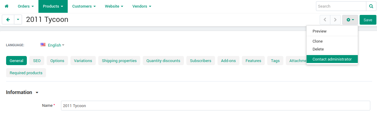 The Contact administrator button on the product's page