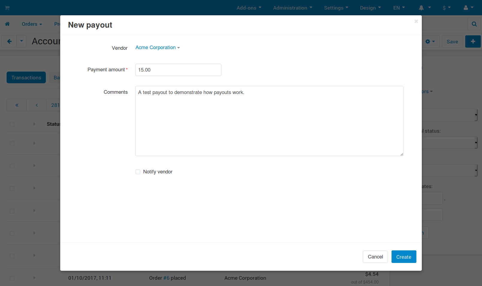 Fill in the fields in the payout creation pop-up.