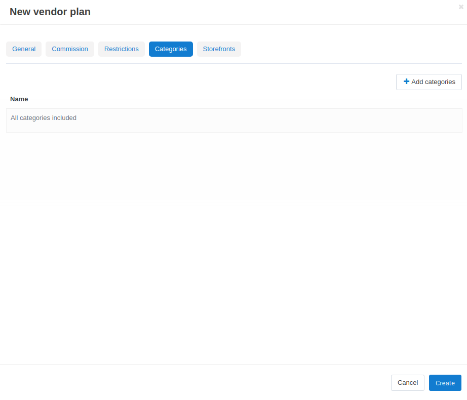 The "Categories" tab of a vendor plan.