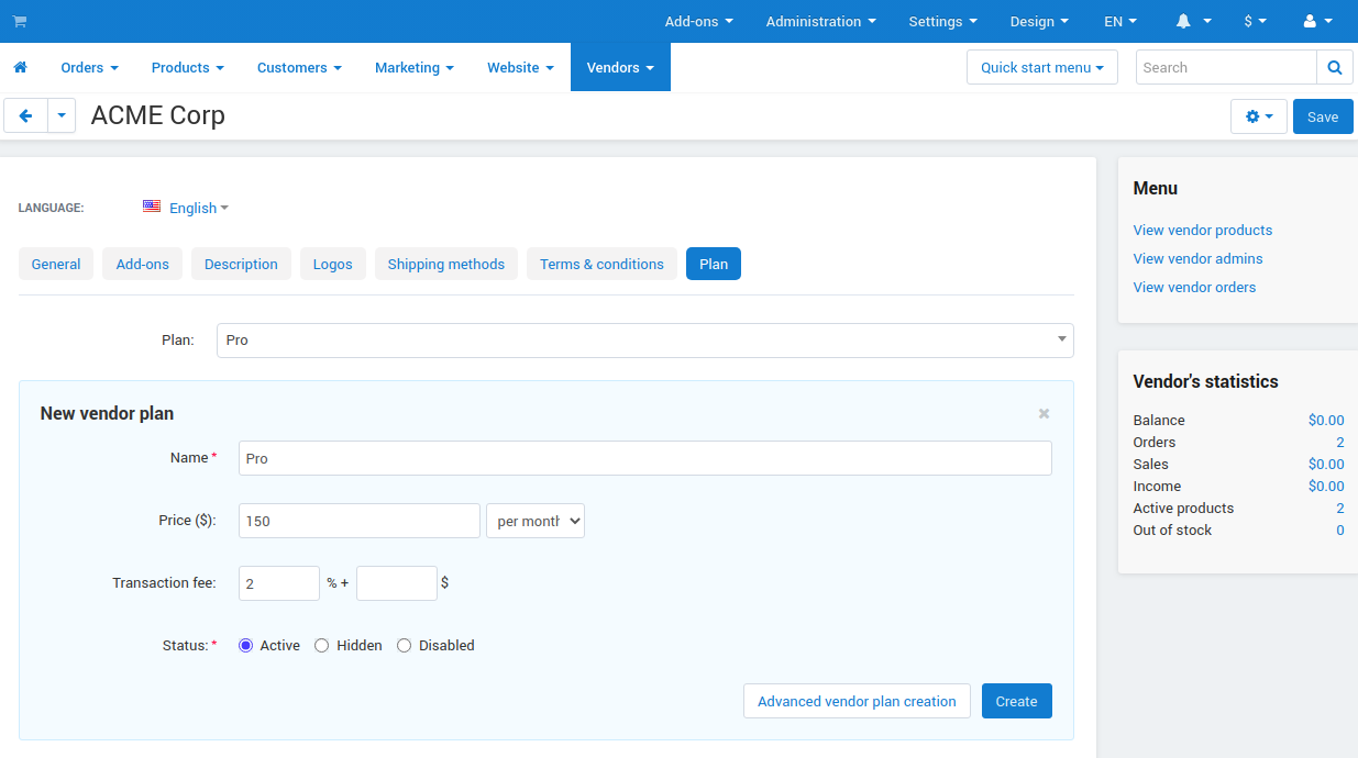Creating a new vendor plan from the page of vendor settings