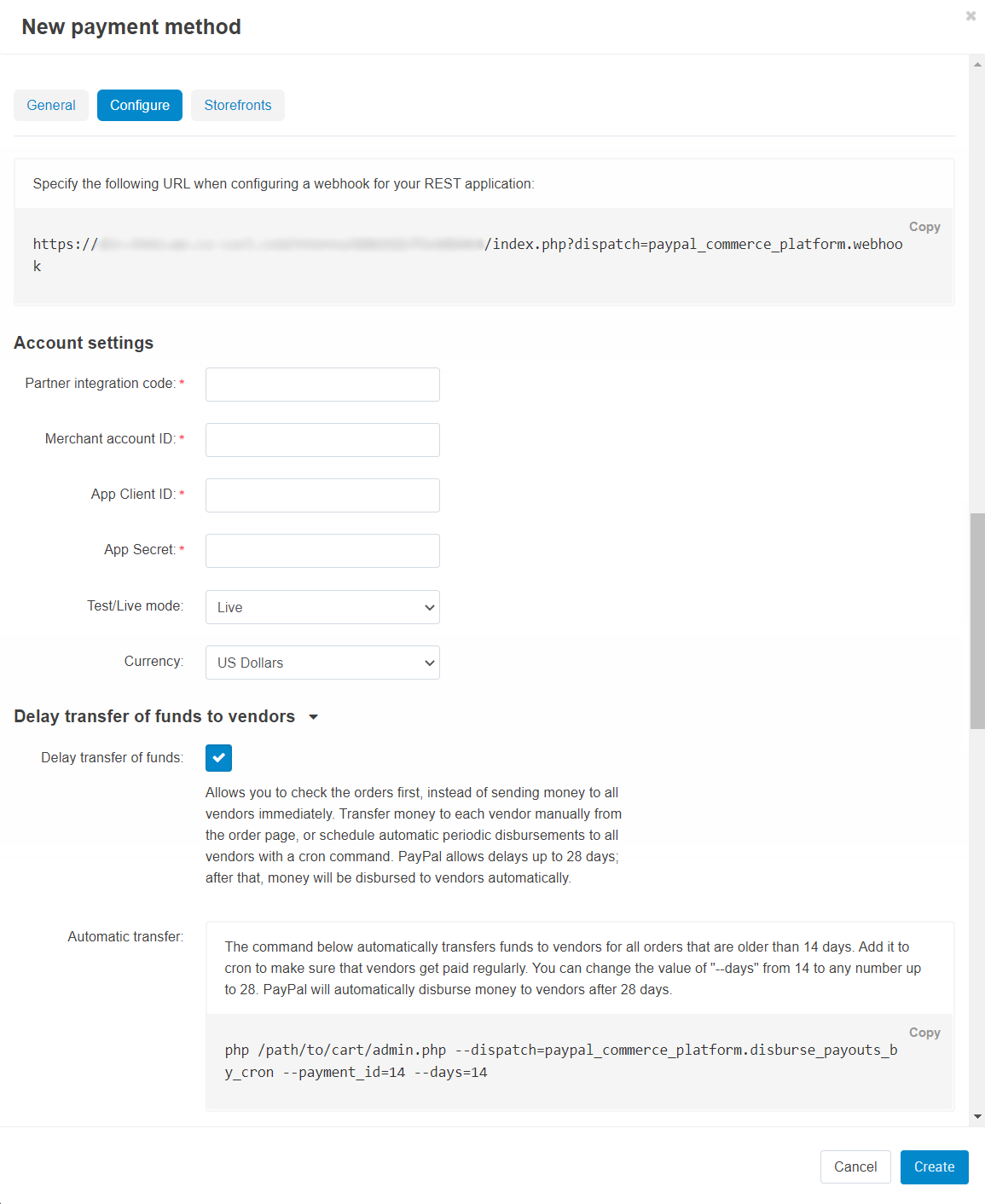 Configure tab in the settings of the paypal commerce platform add-on