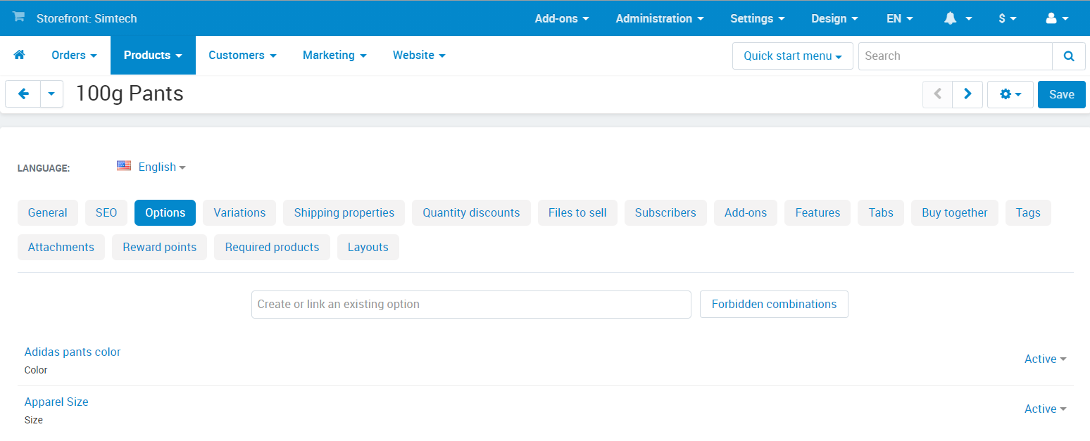 The "Options" tab of the product editing page.