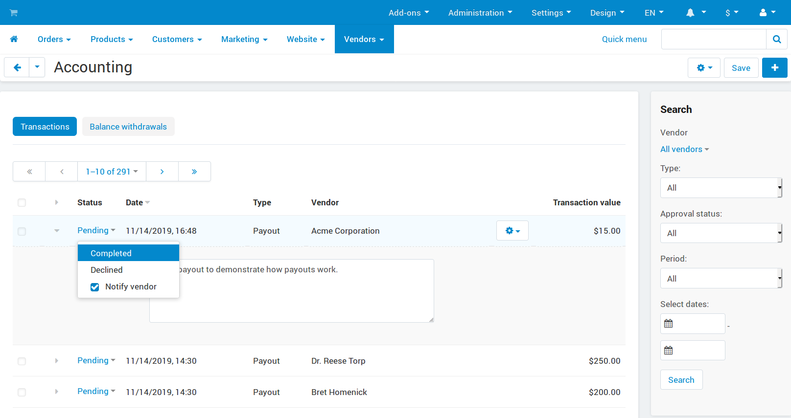 Change the status of the payout when necessary.