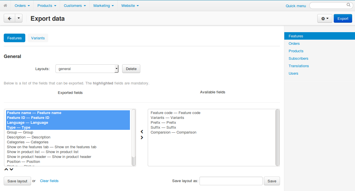 Different types of data have different fields available for export.