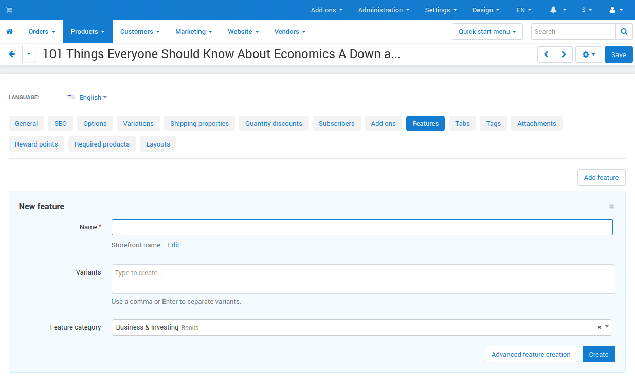 The feature creation from the product page
