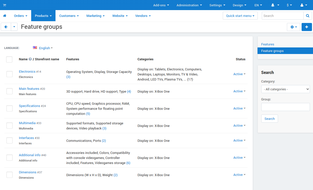 Go to Products → Features and use the menu on the right to view feature groups.