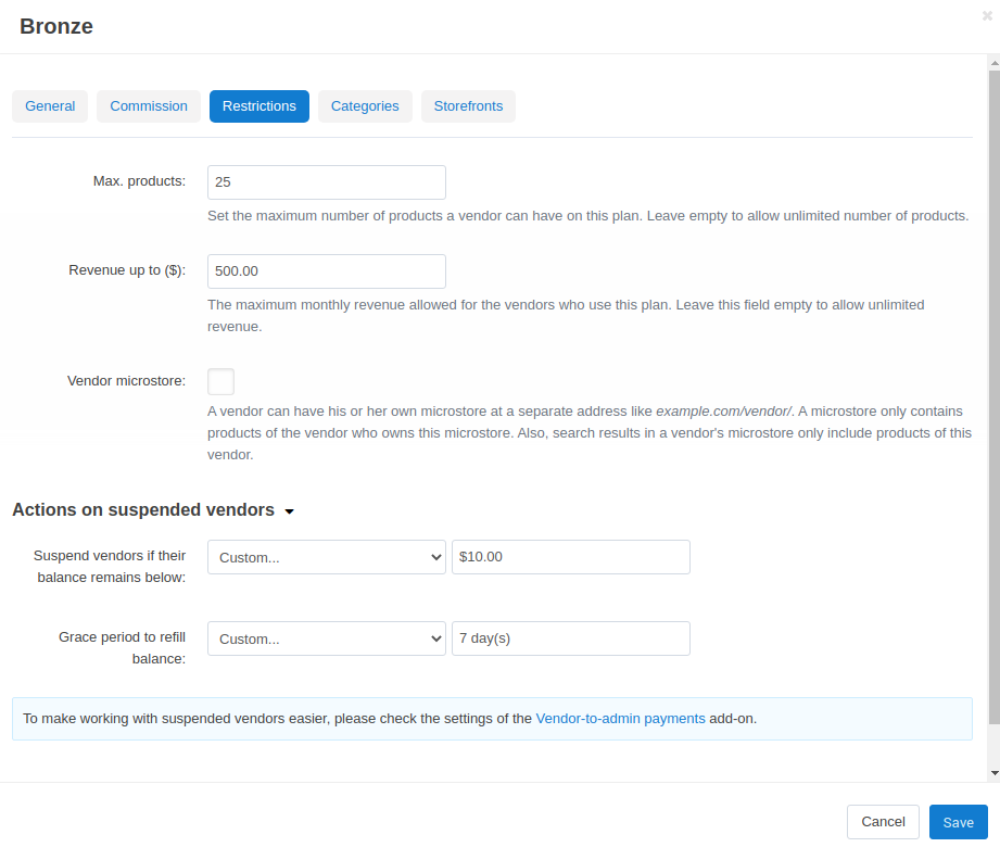 Configure minimum allowed balance and grace period in vendor plans settings