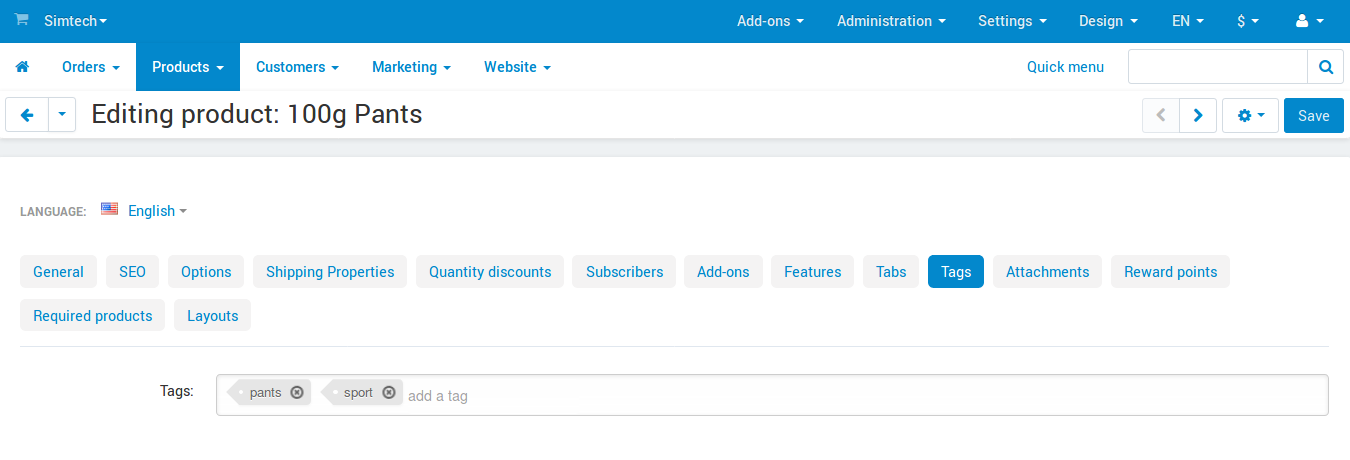 The "Tags" tab.