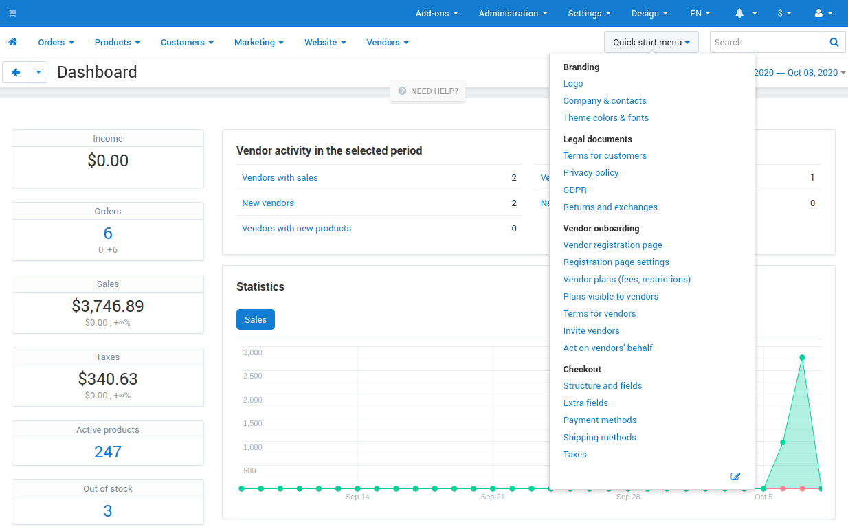 Quick start menu button in admin panel