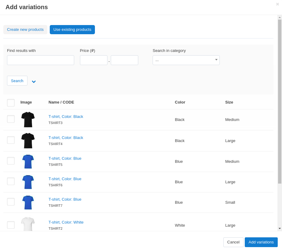 Creating a new variation group based on the existing products