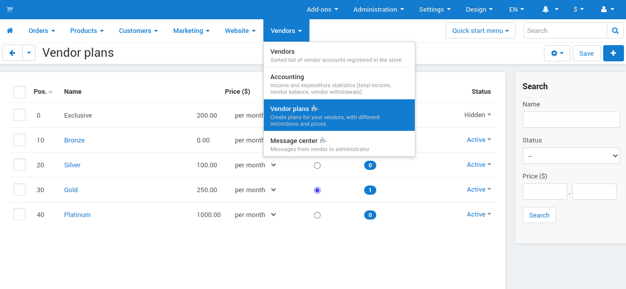 Vendor plans as they appear in the Administration panel.