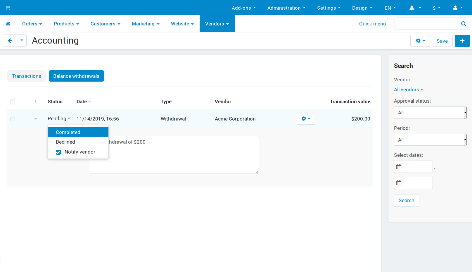 The Accounting page in Multi-Vendor.