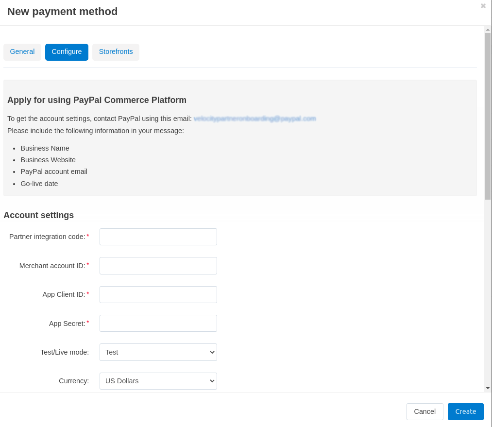 Configure tab in the settings of the paypal commerce platform add-on