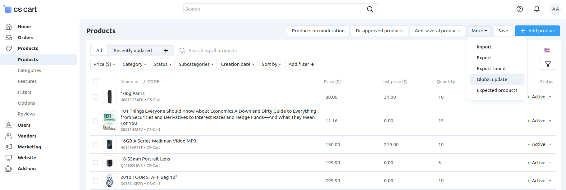 Global update of products in CS-Cart.