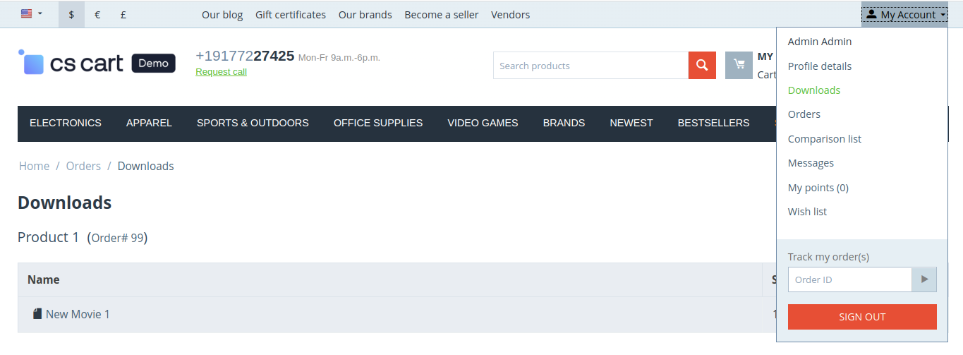 The "Downloads" page lists all the files available to the customer.