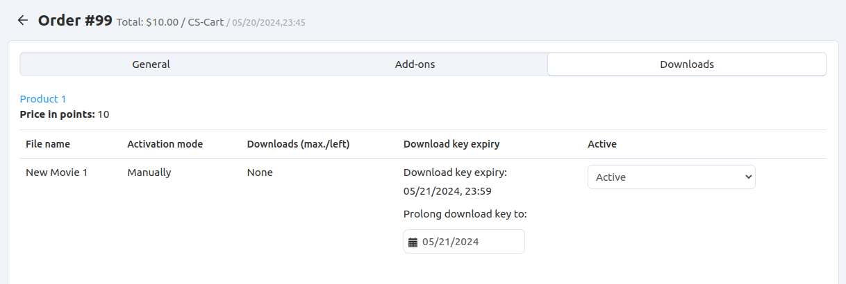 Downloadable files among other order information in the admin panel.