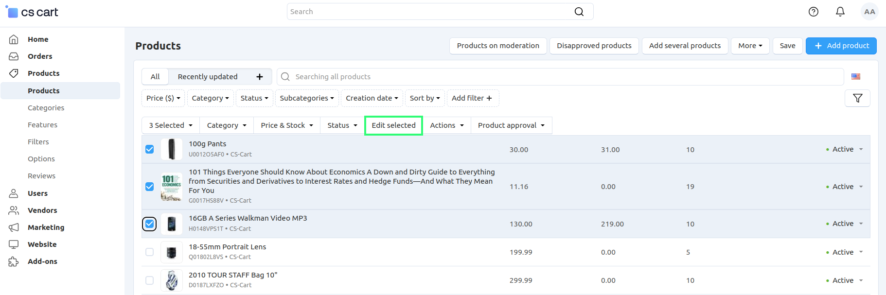 The "Edit selected" button allows you to edit specific properties of multiple products at once.