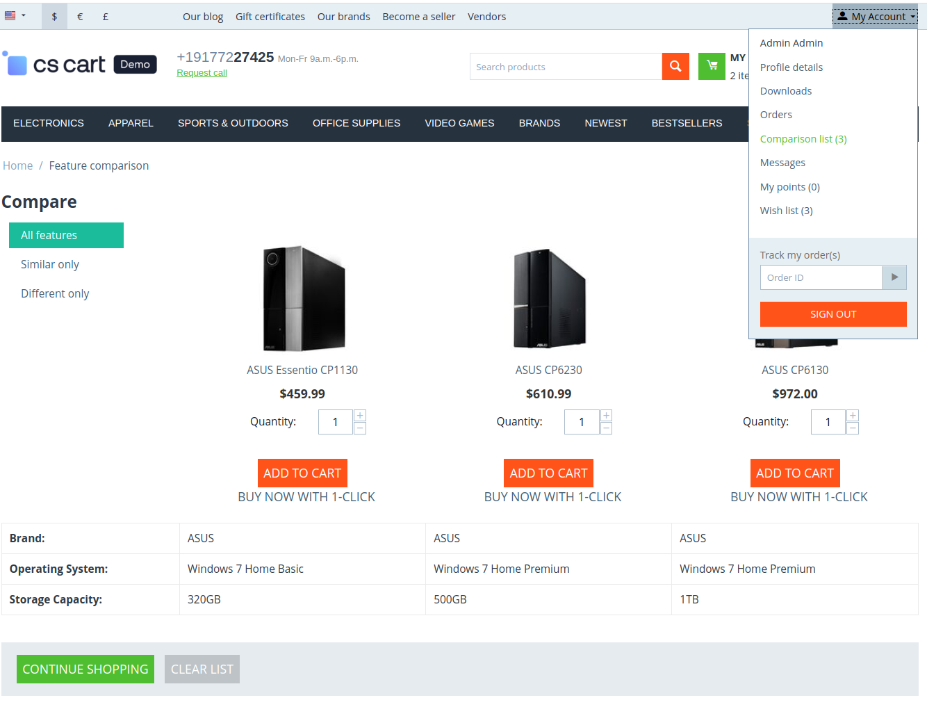 The comparison list displays the features of selected products in a table.