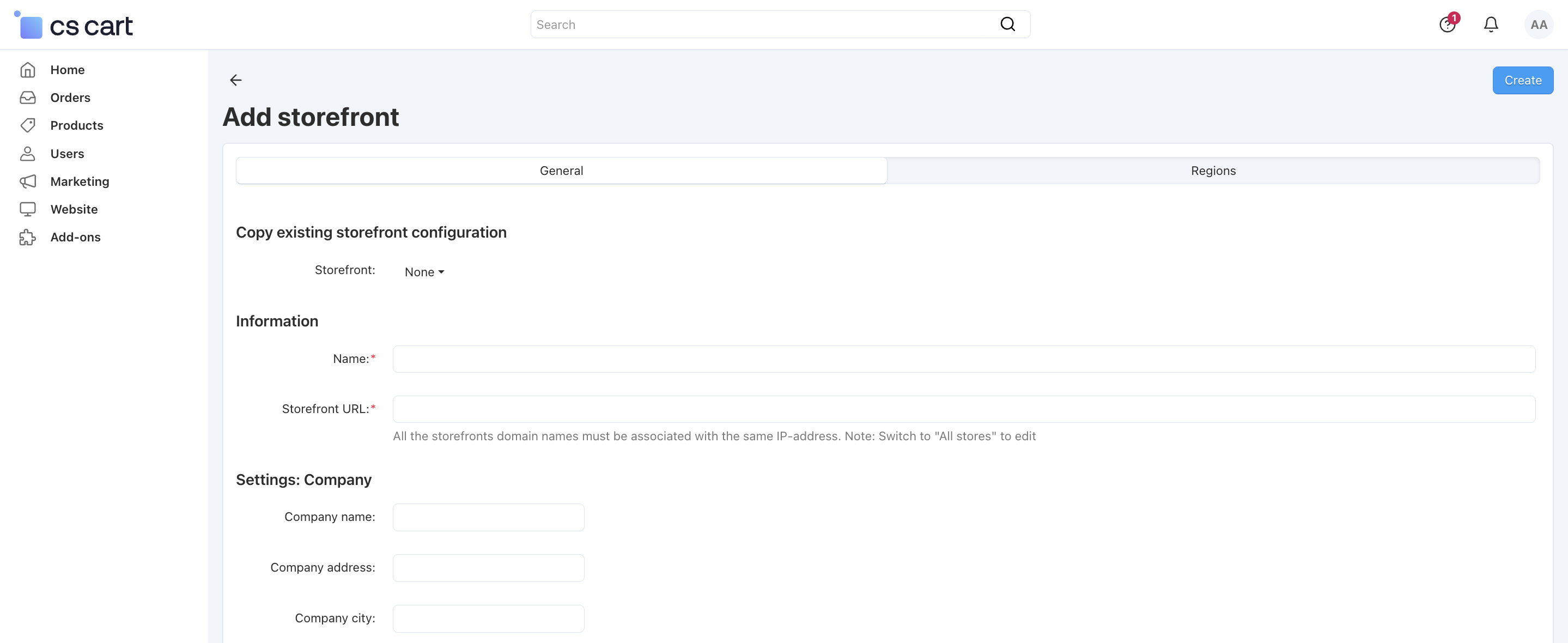 The page for creating a new storefront in CS-Cart.