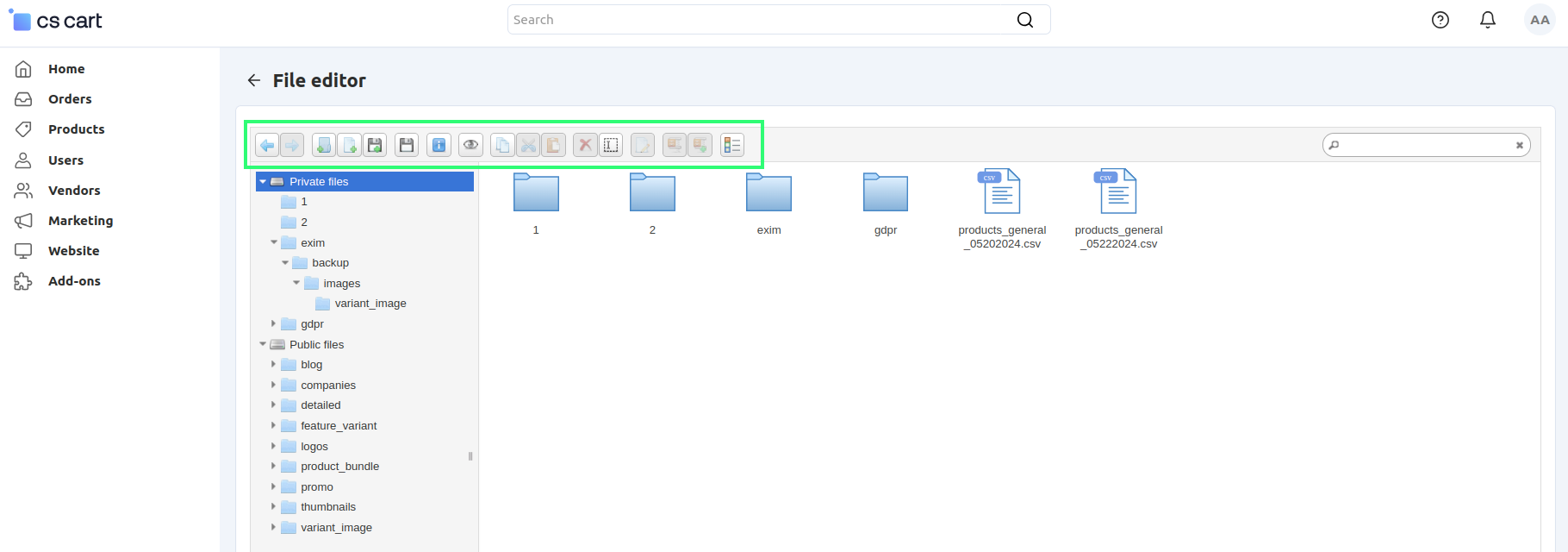 The file editor allows you to perform various actions on files.