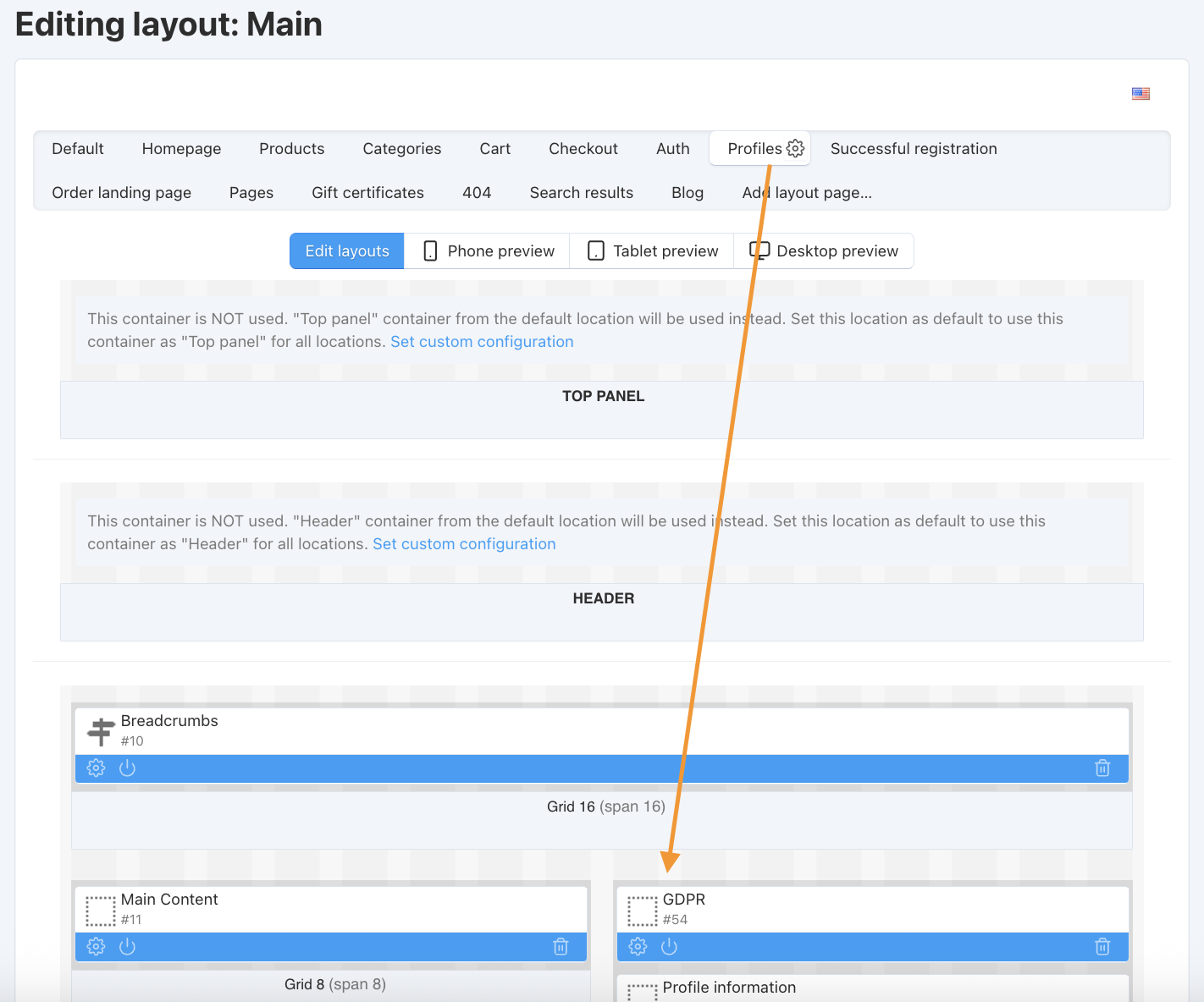 Adding a block with GDPR data-related buttons.