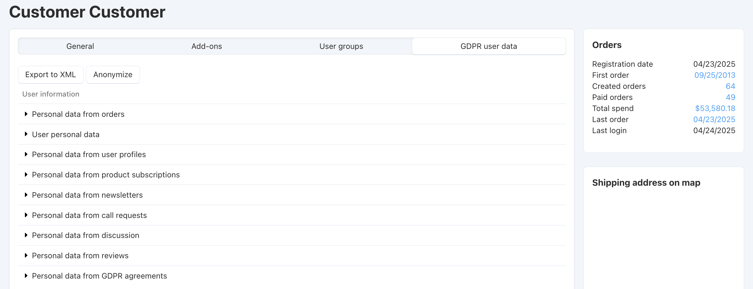 The personal data of a customer in the admin panel.