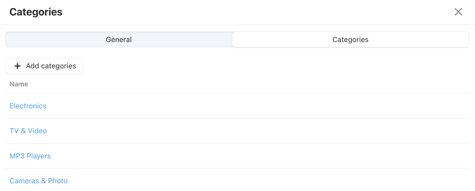 The Categories tab of the layout page properties.