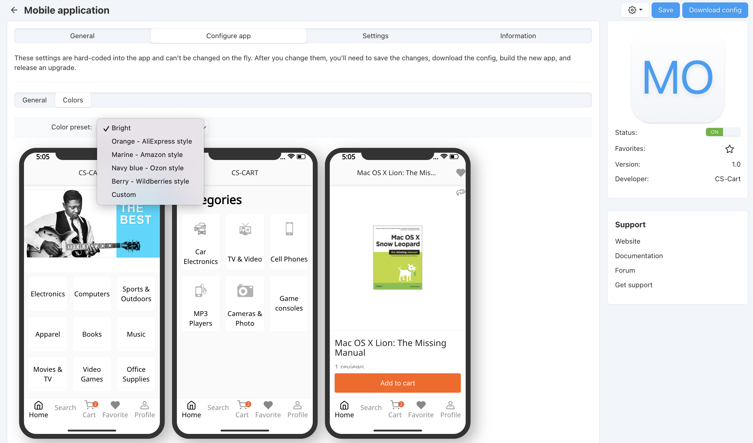The interface for editing the colors of your mobile application.