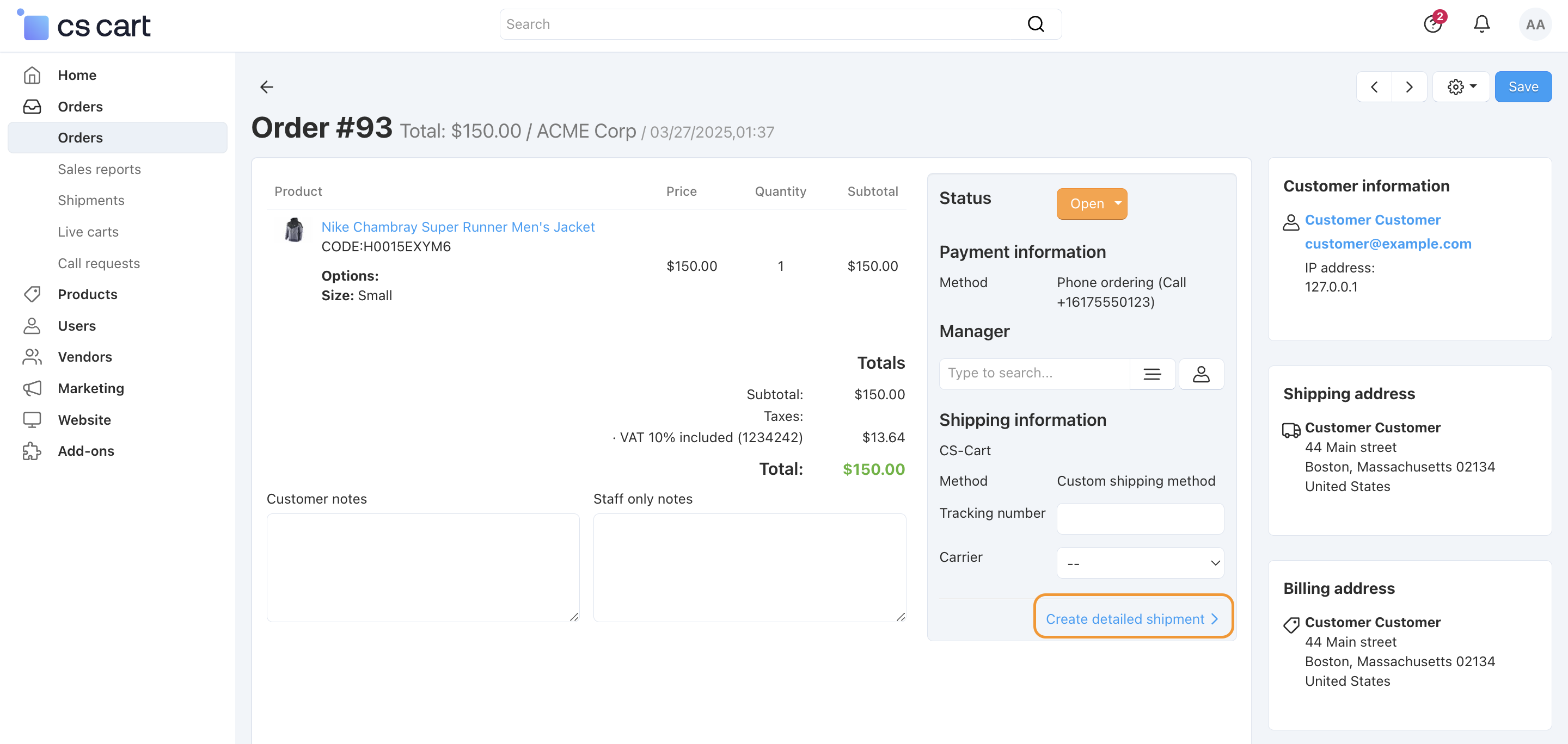 Click "Create detailed shipment" in the Shipping Information section to create a new shipment.