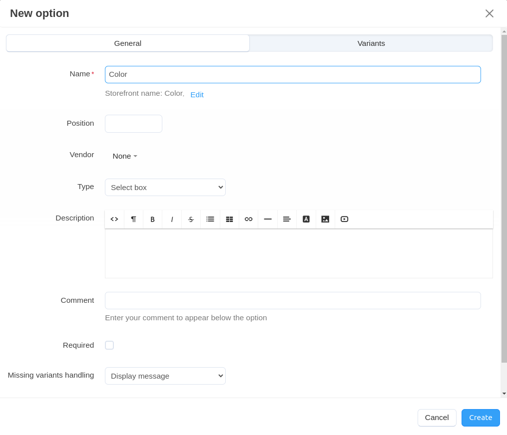 The option creation pop-up window in CS-Cart.