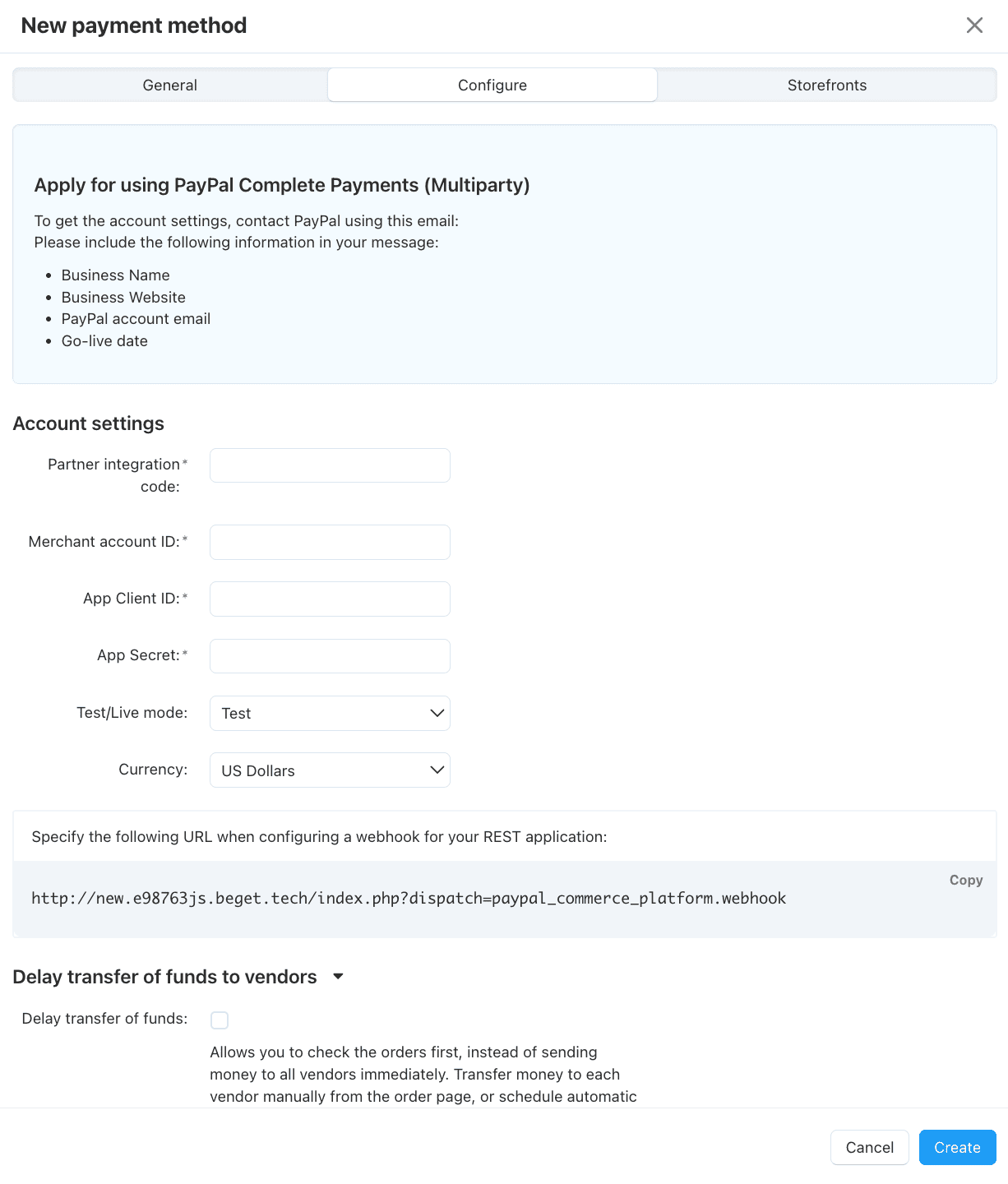 Configure tab in the settings of the PayPal Complete Payments (Multiparty) add-on