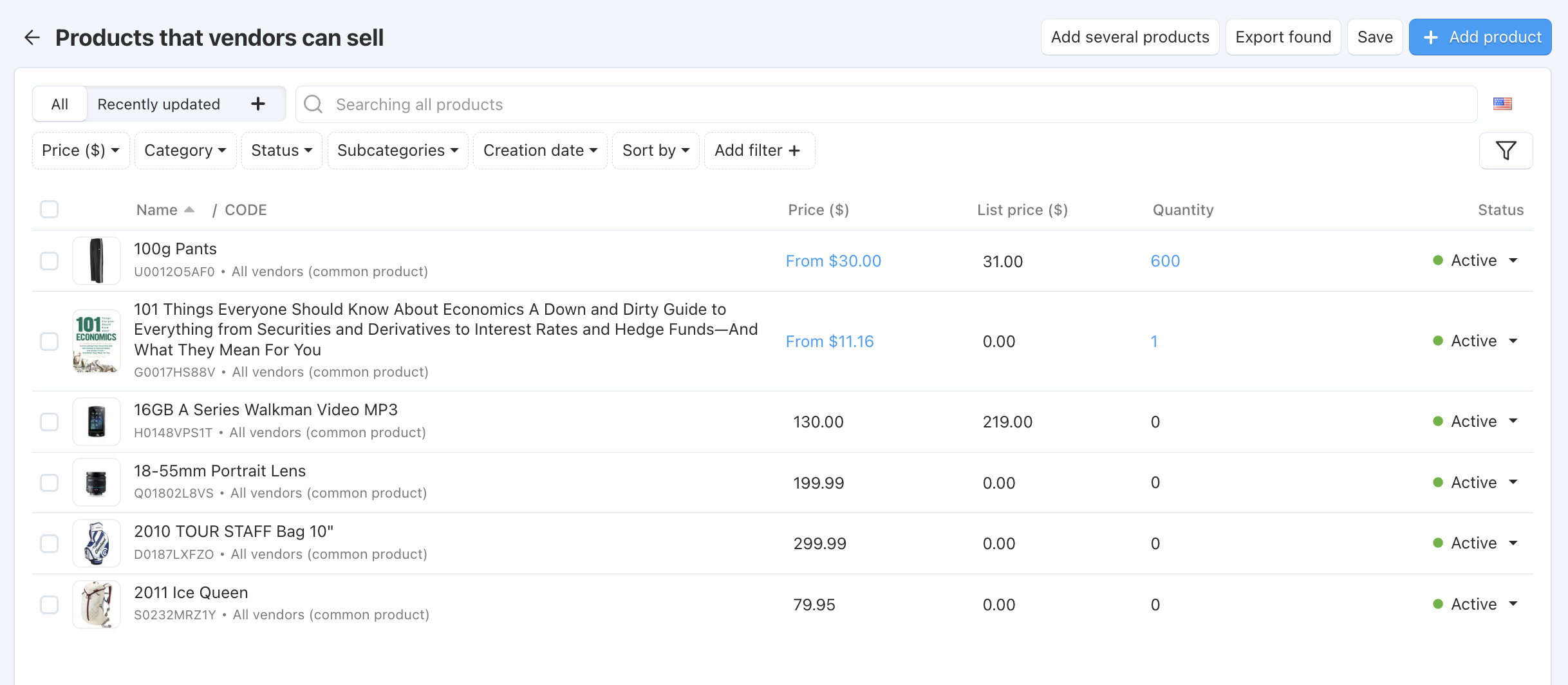 Products that vendors can sell in the admin panel.