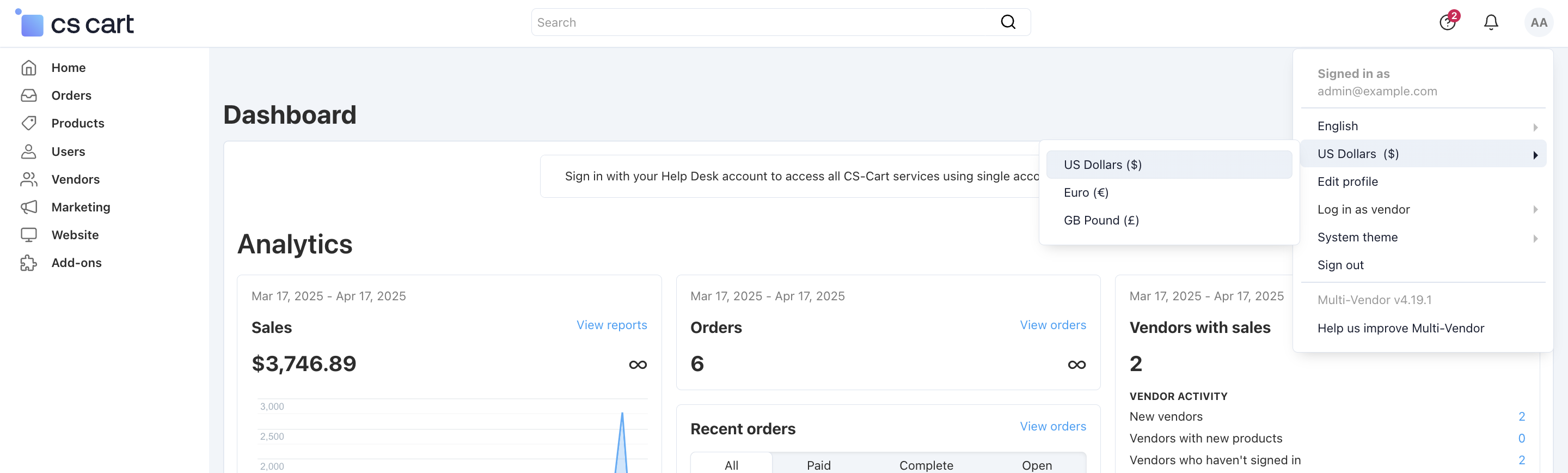 The primary currency always appears in the Administration panel's currency selector.