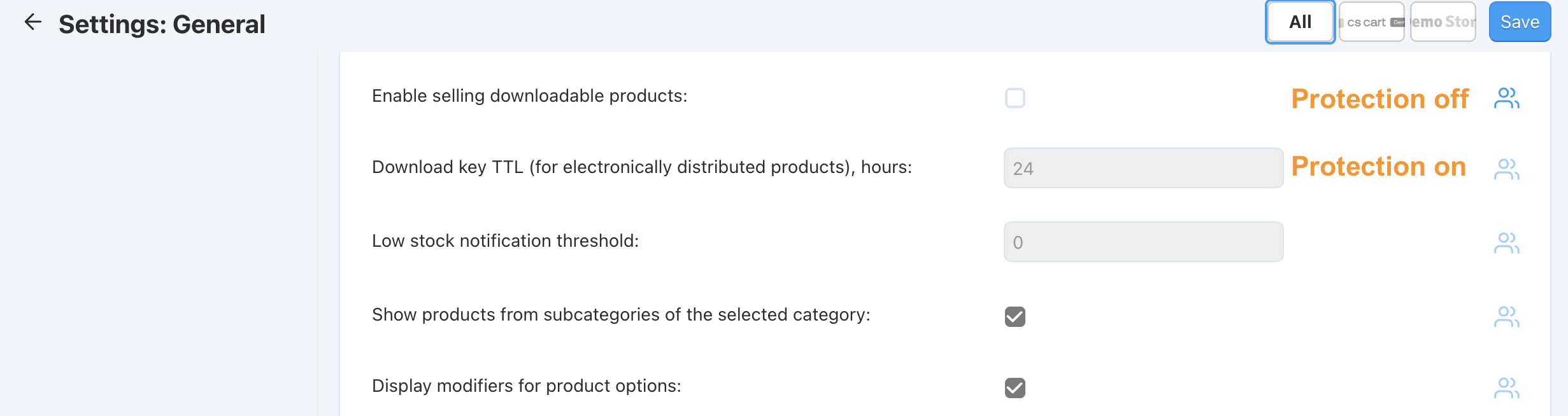 Protected and non-protected settings as they appear in the Administration panel of CS-Cart.