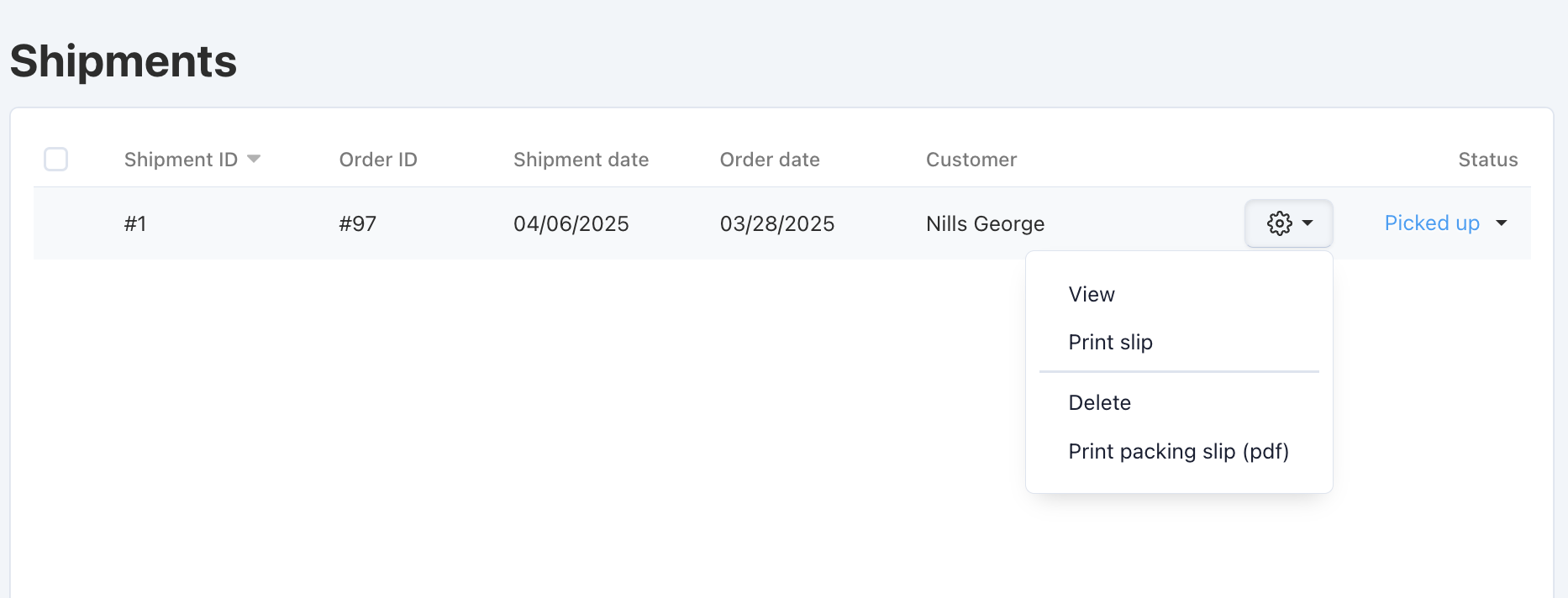 Create a package slip for a particular shipment.