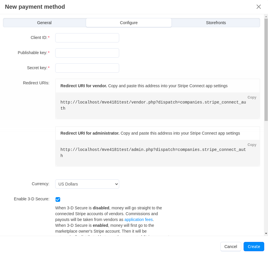 The Configure tab of the Stripe Connect payment method.