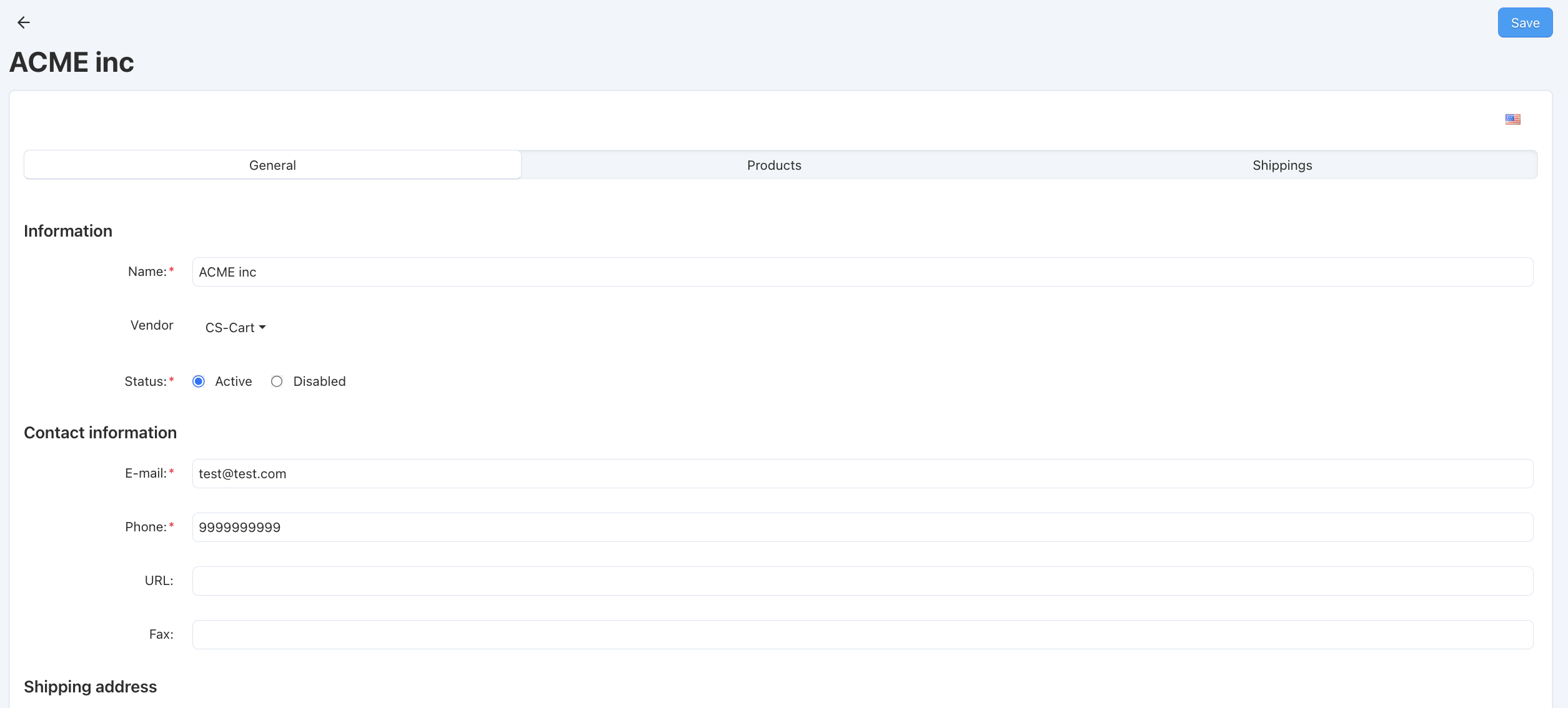 Supplier creation form in CS-Cart.