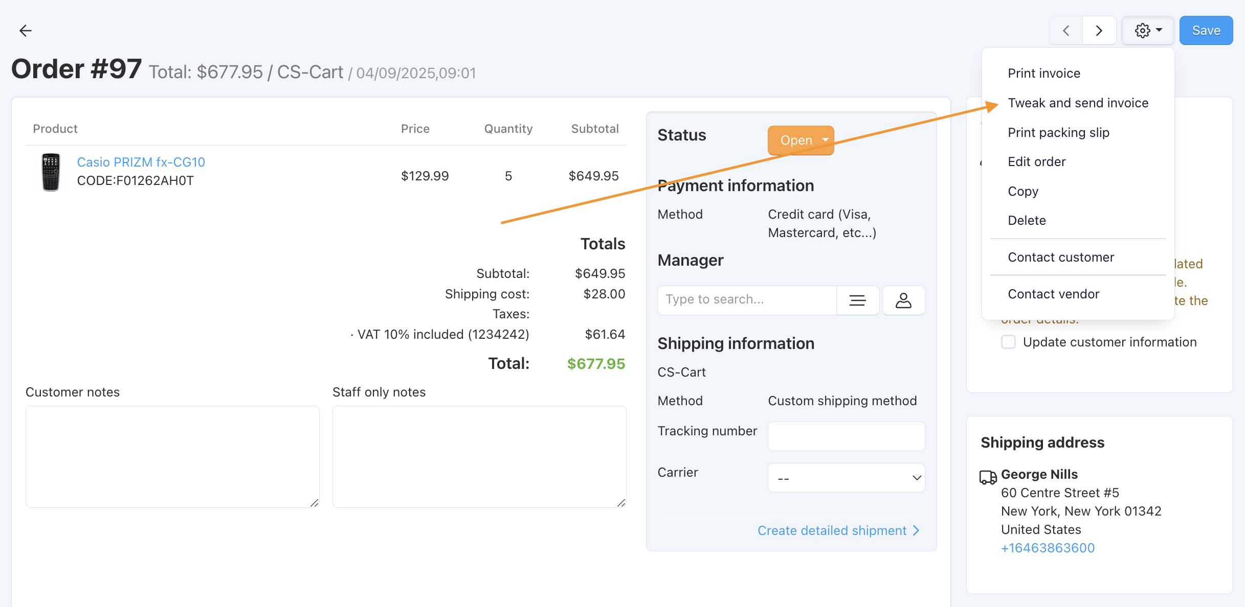 You can change invoices for individual orders and send them.