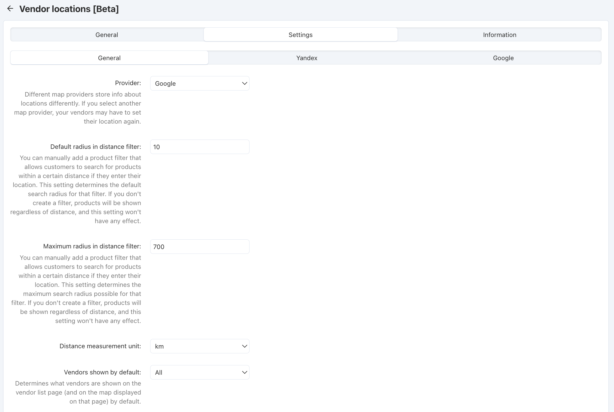 The settings of the "Vendor locations" add-on